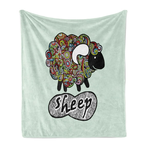 Indie Soft Flannel Fleece Throw Blanket, Hipster Doodle Funny Sheep with Colorful Spiral Swirls Drawing Style Comic Country, Cozy Plush for Indoor and Outdoor Use, 70" x 90", Multicolor, by Ambesonne
