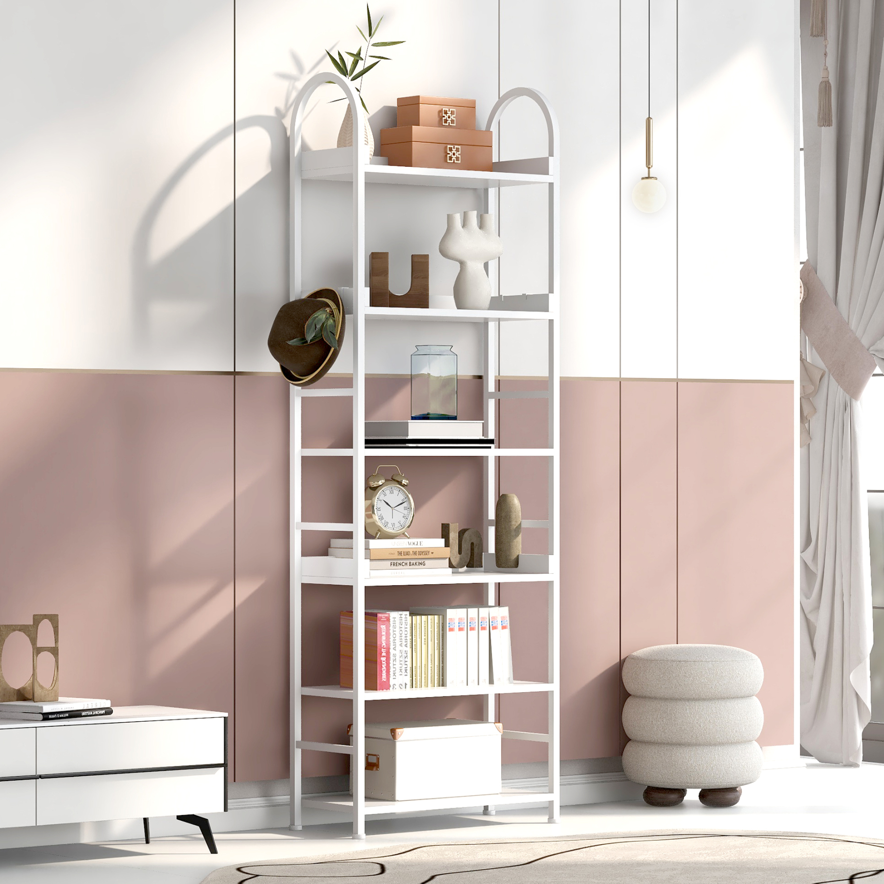 70.8 Inch Tall Bookshelf, 6Tier Open Shelves with Round Top Frame, MDF