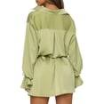 thumbnail image 4 of SAYOO Vestido Suelto de Verano para Mujer, Color Sólido, Manga Larga, Solapa, Manga Acampanada, Falda Atada de un Solo Pecho SAYOO casual, 4 of 9