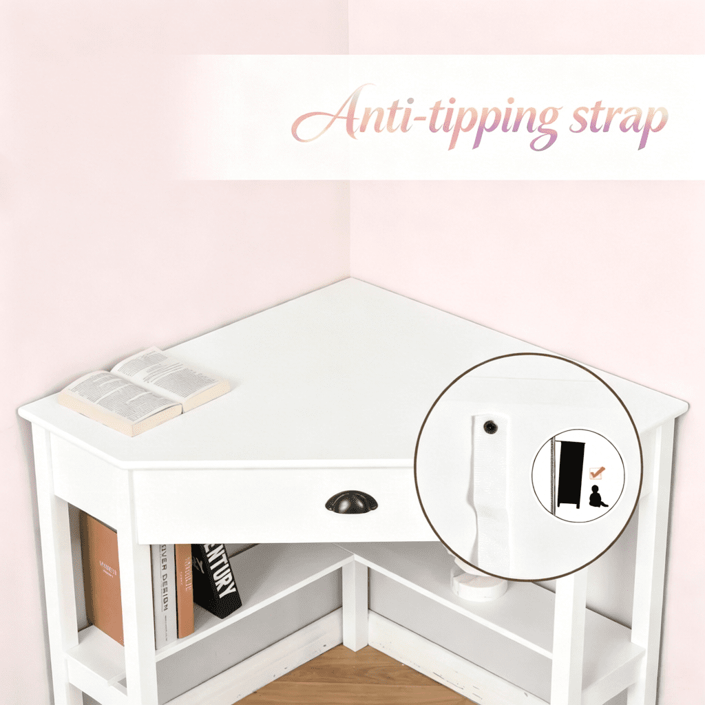 Triangle Corner Vanity Desk, P2 MDF Space Saving Dressing Table with Drawer & Open Storage Shelves, Multi-Functional Corner Computer Writing Table for Bedroom Living Room Apartment