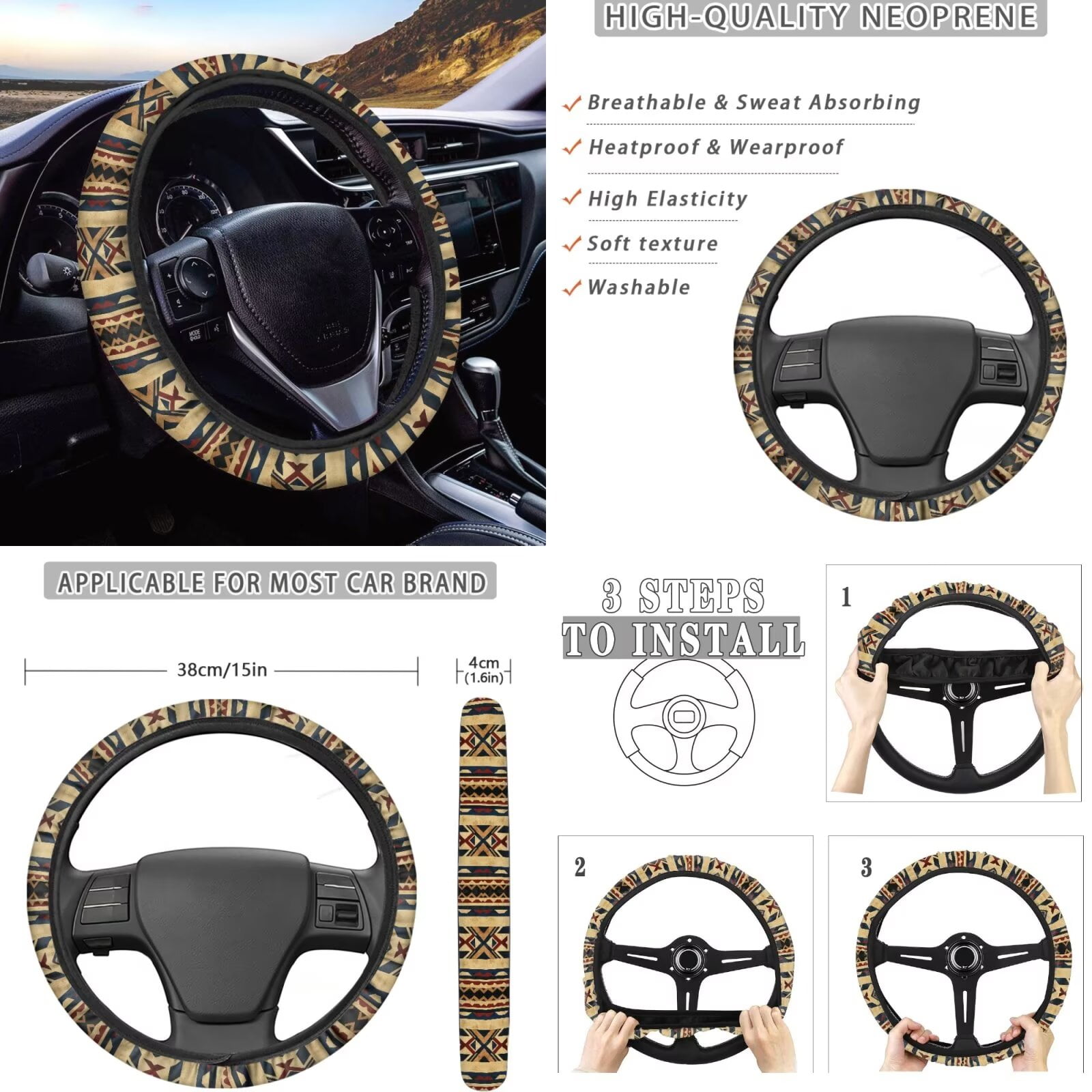 Garronmavis Aztec Geometry Car Seat Covers Full Set Tribe Style with Steering Wheel Wrap Gear Shift Cover Handbrake Sleeve Headrest Protectors Cup Coaster Fit for Most Sedan Van Truck