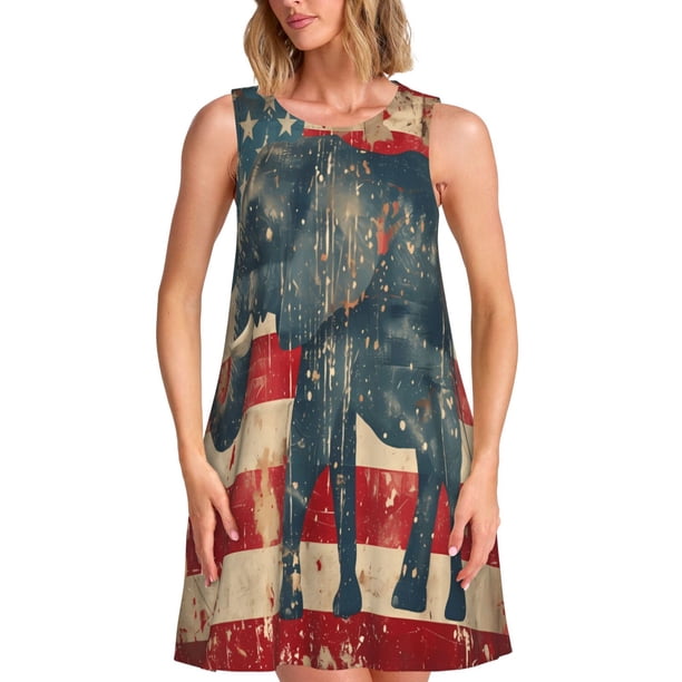 Fotbe Vintage American Flag Elephant Vestido de Verano sin Mangas para Mujer – Vestido Midi Línea A, Estilo Camiseta Floral, Vestido Playero Casual y Fluido