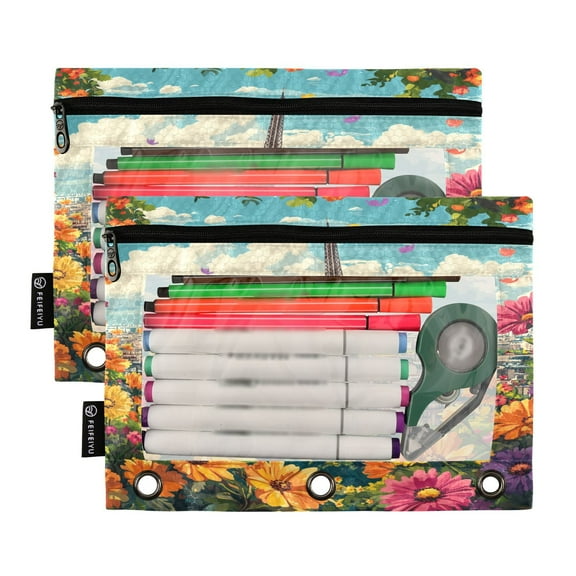 Ckdifva Floral Flowers Tower Pencil Pouch 3 Ring Zipper Pencil Case Binder Pockets Clear Top Cosmetic Bag 2 Pack