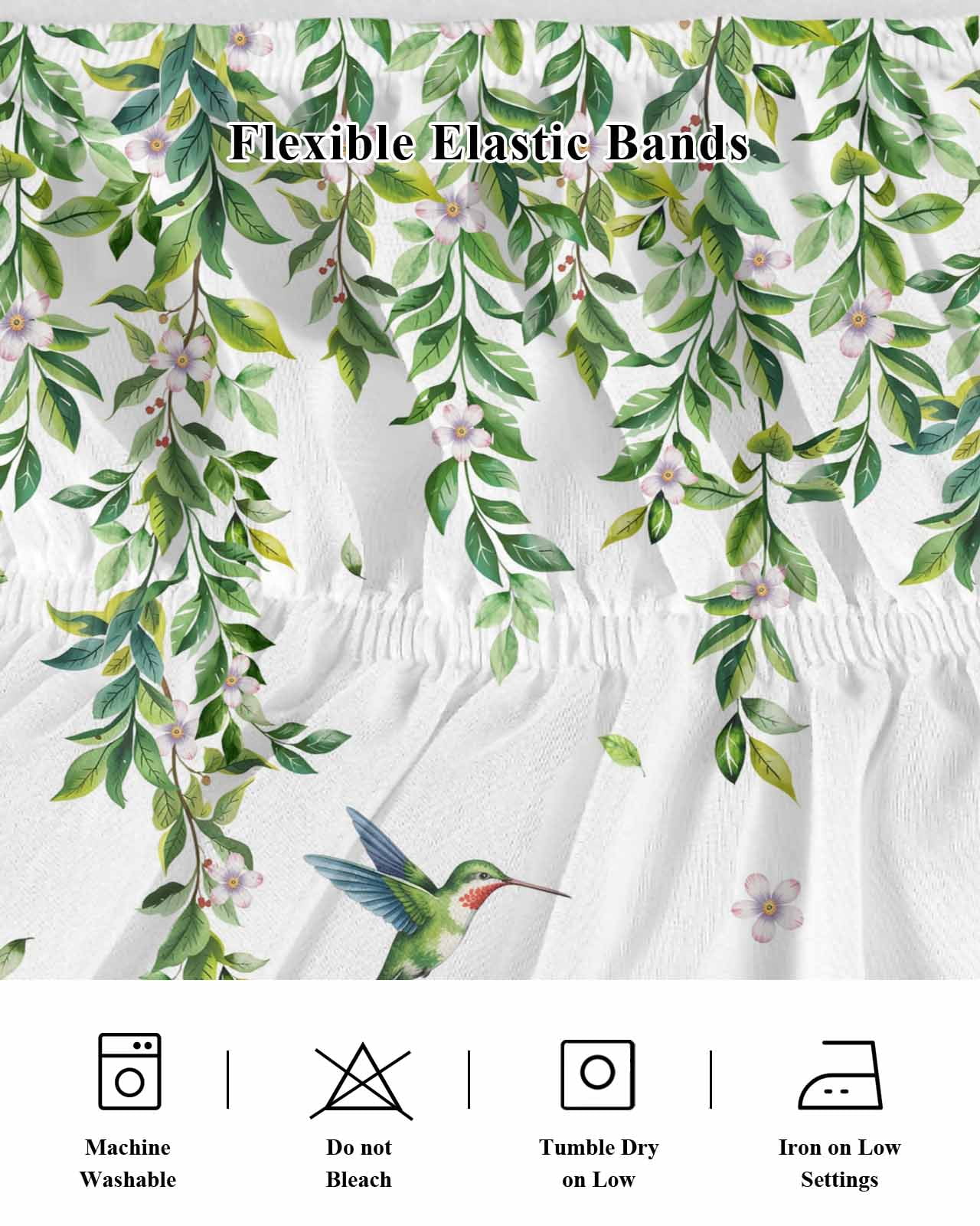 Spring Leaves Bed Skirt California King Size 18 Inch Drop, Watercolor Falling Green Leaf Floral Plant Flying Birds Adjustable Elastic Dust Ruffles Bedskirt Wrap Around Pleated Mattress Frame Cover