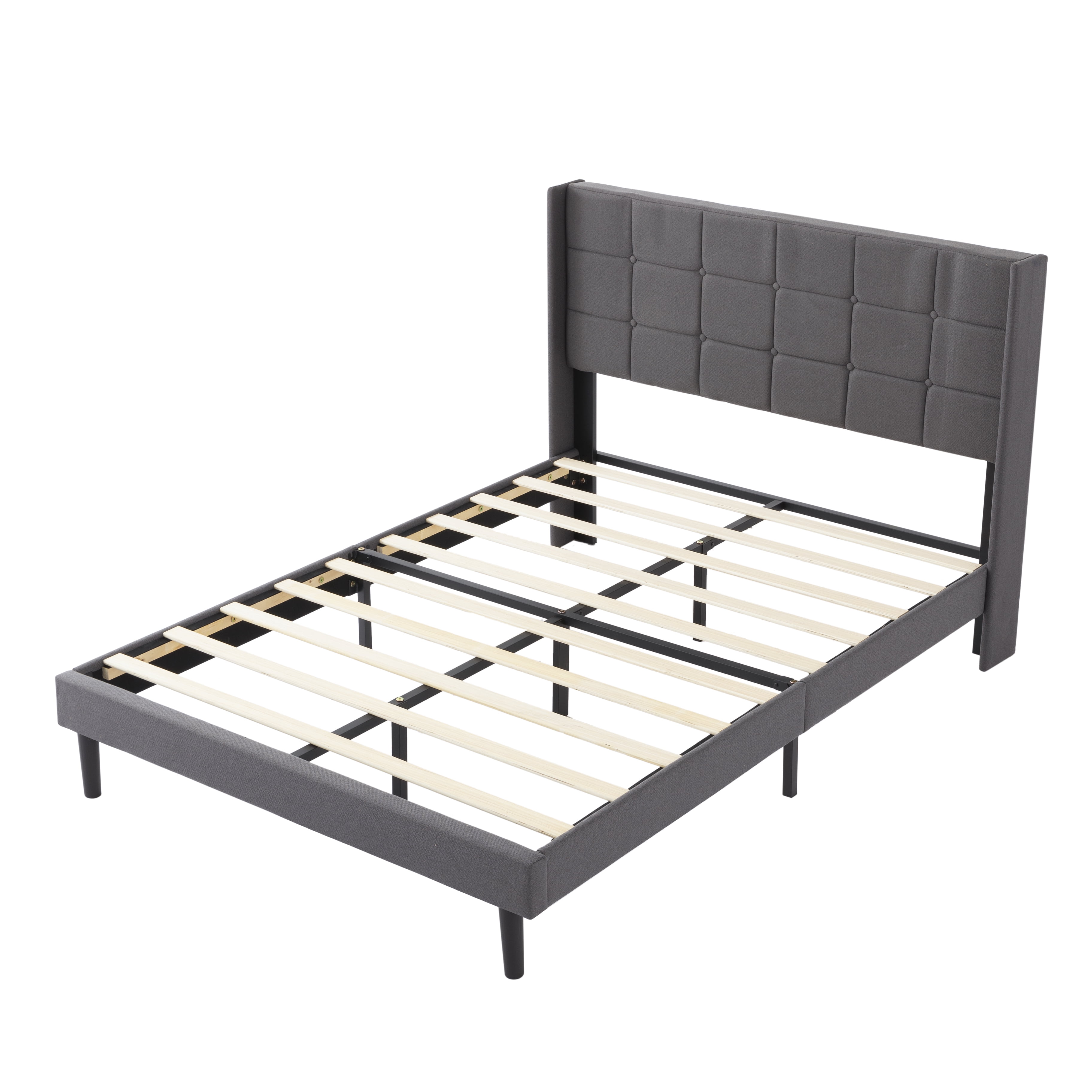 BSHTI Simple Modern Design FULL Size Platform Bed Frame with Upholstered Headboard and Wood Slats Support for Bedroom
