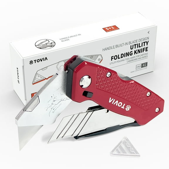 T TOVIA Folding Utility Knife Quick Change Box Cutter, 3-Position Retractable Blades, Blade Storage Design with Extra 3 Blades, Box Knife for Cartons, Cardboard and Boxes