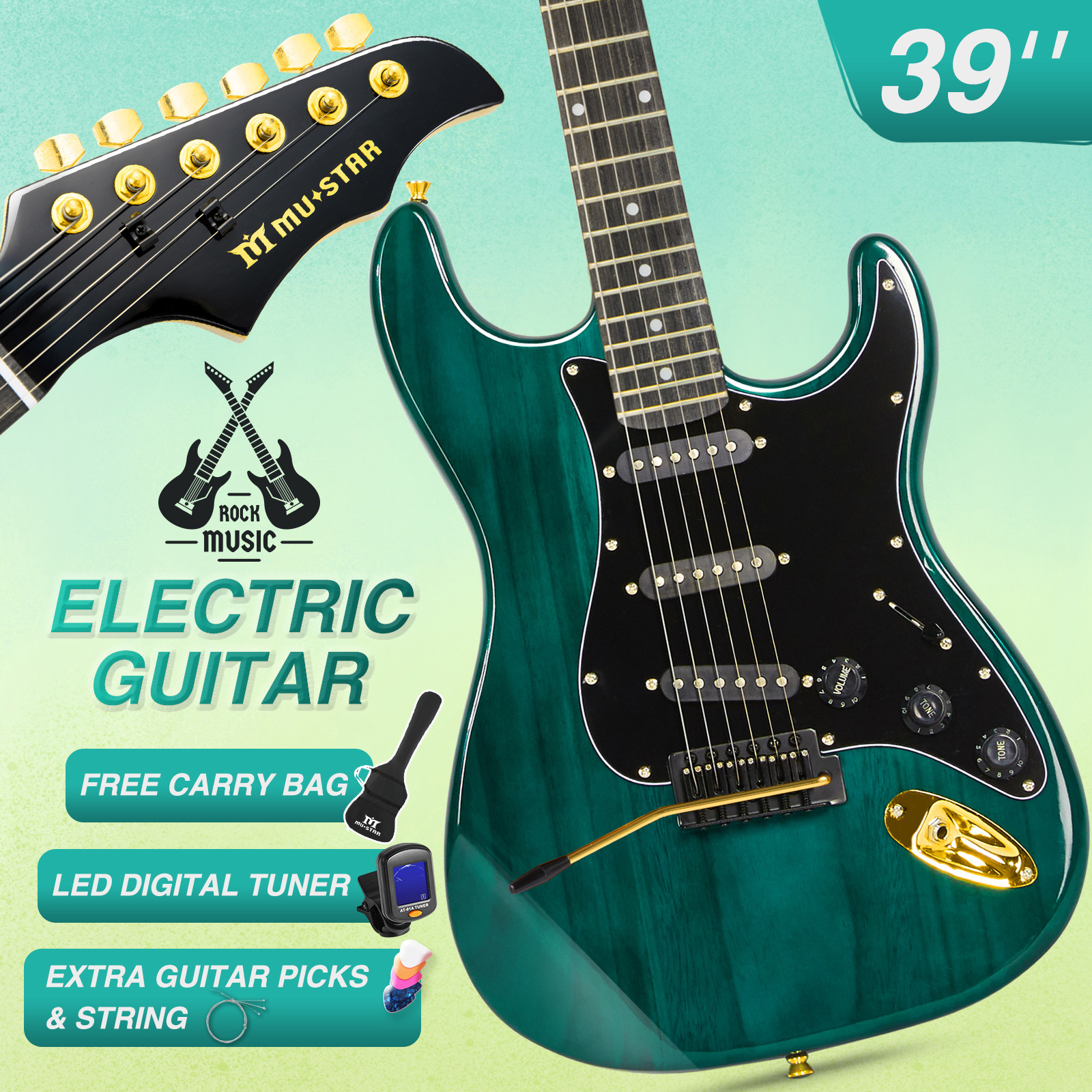 MUSTAR 39 Inch Full Size Solid Wood Electric Guitar Kit Beginner Gift with 25W Amplifier Gig Bag,Capo,Strap,Cable,Picks(Green)