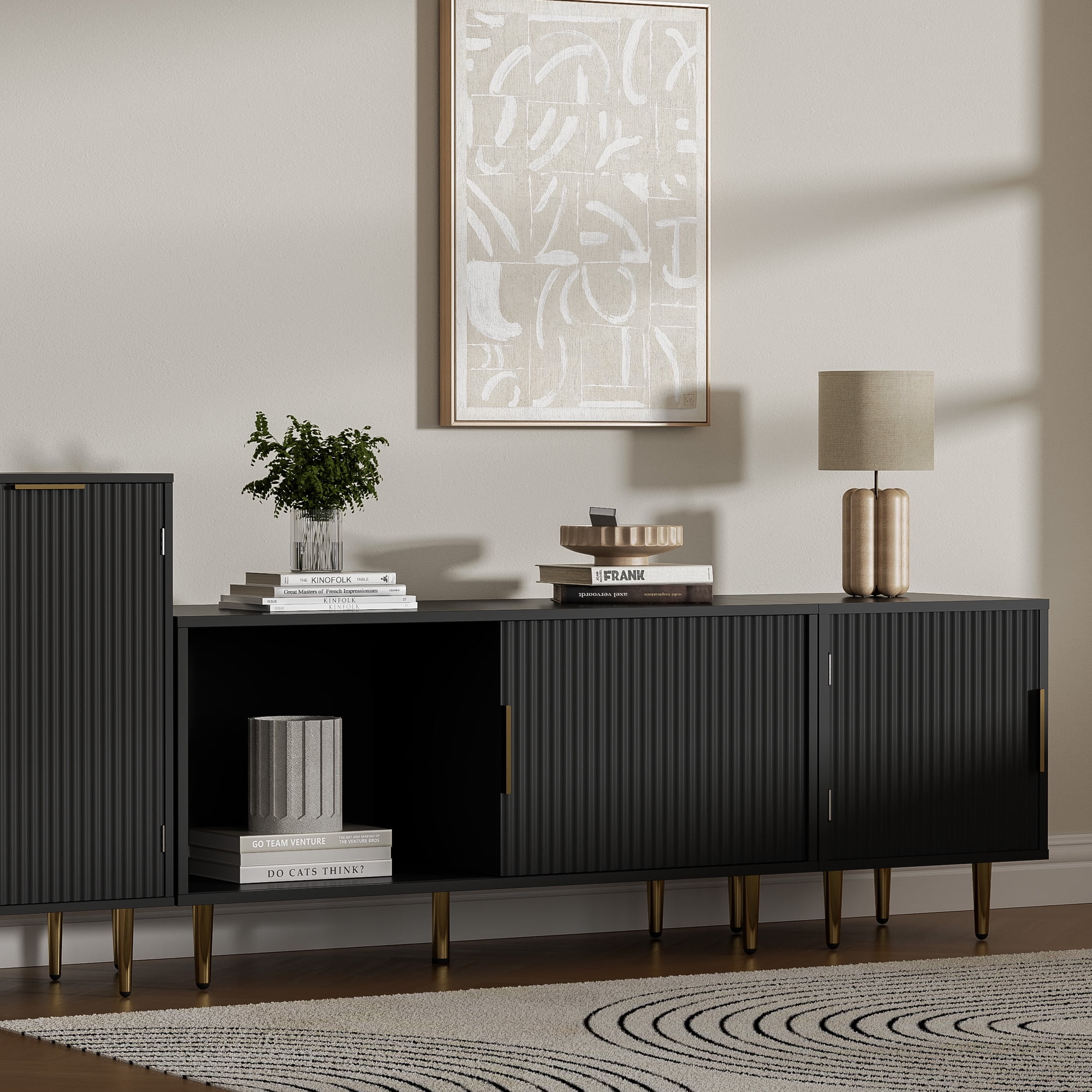 Combined Modern TV Stand For 55/60/65Inch TV,Small Entertainment Center With Adjustable Shelf,TV Media Stand With Storage Cabinet, TV Console With Gold Legs For Living Room,Bedroom,Black