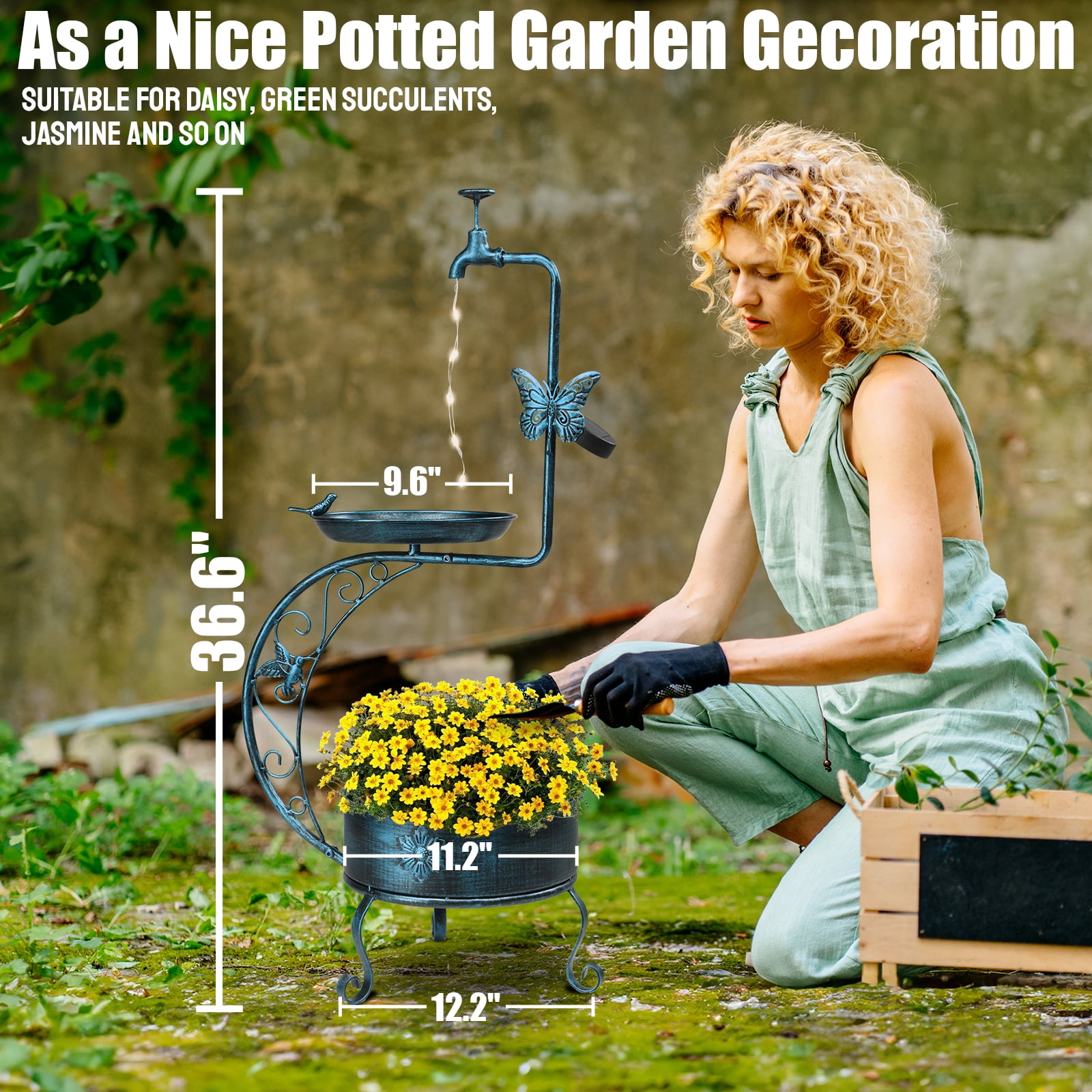 UBesGoo Bird Bath for Outside with Solar Lamp and Removable Flower Planter Pedestal 36in Vintage Metal, Antique Blue