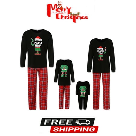 

ESASSALY Christmas Pajamas For Family Elf Printed Long-Sleeve Tops with Plaid Pants Set for Adult Kid Baby Red