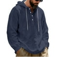 thumbnail image 4 of OGLCCG Men's Linen Stripe Hooded Shirts V Neck Half Button Down Long Sleeve Drawstring Blouses Oversized Casual Loose Fit Pullover Tops,M,Navy, 4 of 6