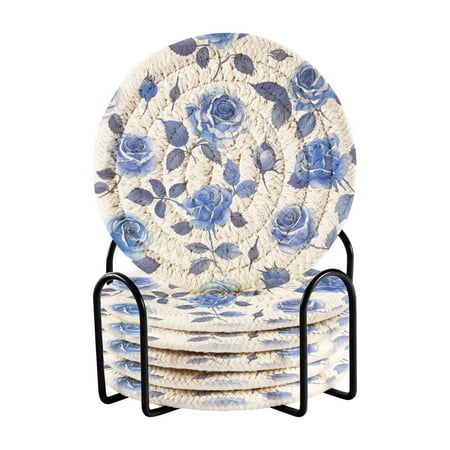 

6 coil coasters 3.94x3.94x0.24 inch water coasters Drink coasters with cup holders Absorbent coasters Heat resistant for bar protection Blue Rose Seamless