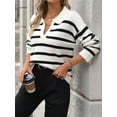 thumbnail image 3 of Women'S Striped Sweater Trendy V Neck Long Sleeve Knit Pullover Loose Jumper Tops Knitwear White S, 3 of 7