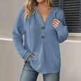 thumbnail image 2 of Wang6 Waffle Button up Hoodies Dress for Womens Loose Fit Solid Hooded Pullovers Sweatshirts Trendy Fall Long Sleeve V Neck Tops Blue M, 2 of 5