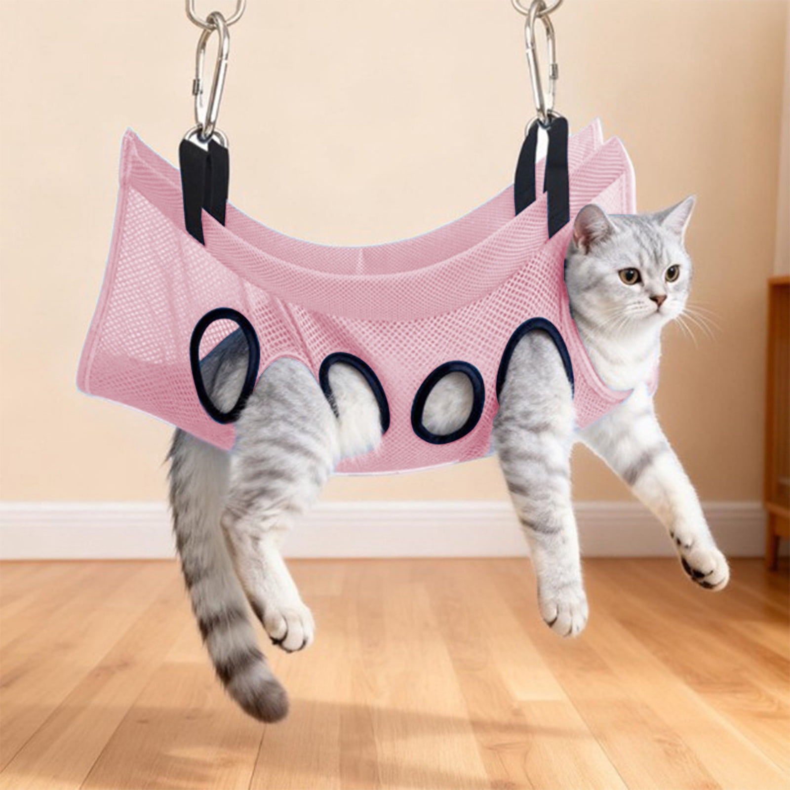 Pet Grooming Hammock Harness - Cat Nail Trimming Sling, 8 Hole Adjustable Design, with Breathable Mesh Fabric - Indoor Grooming Support Tool, Pink