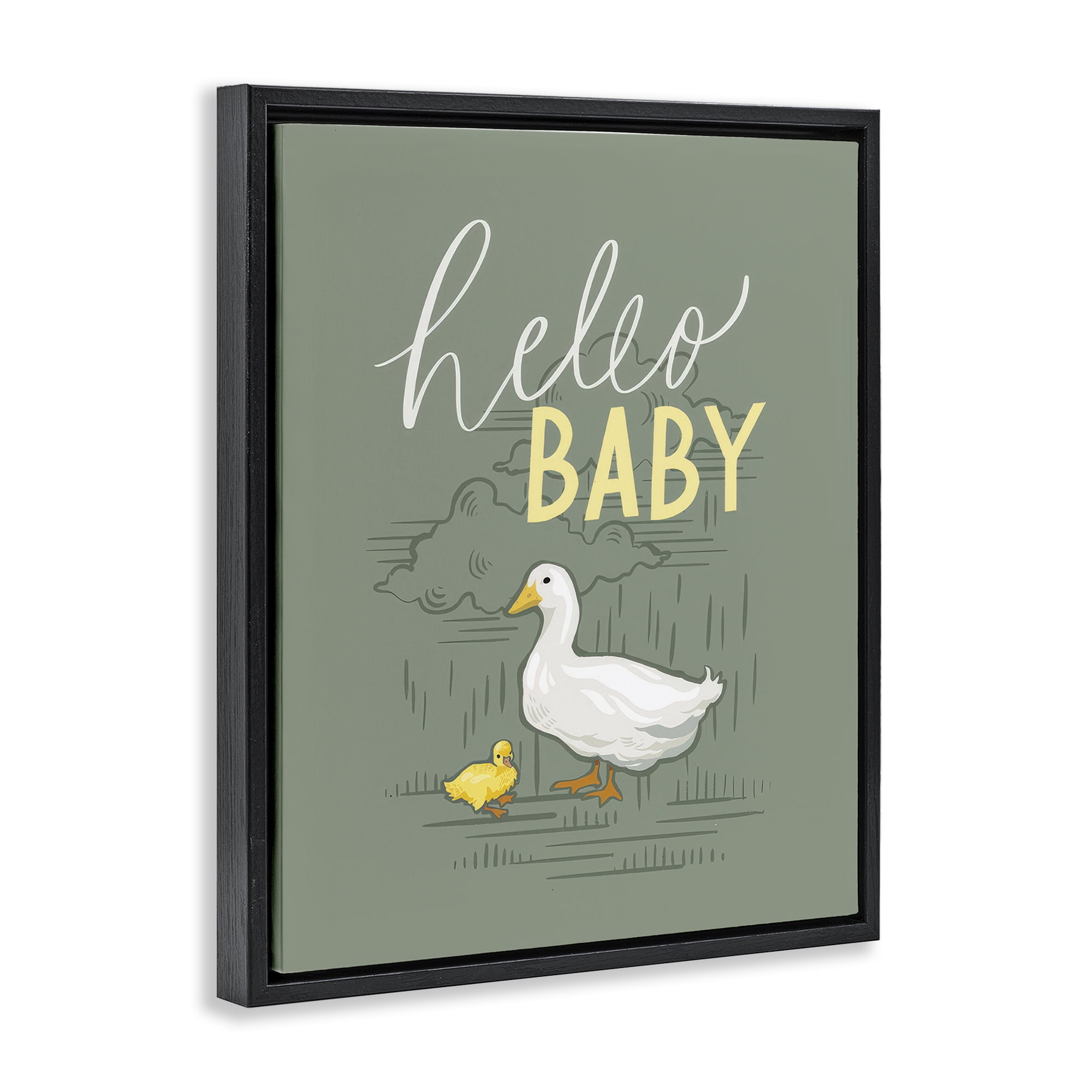 Stupell Industries Hello Baby Duck & Duckling Animals Painting Black Floater Framed Canvas Art Print Wall Art, 17 x 21