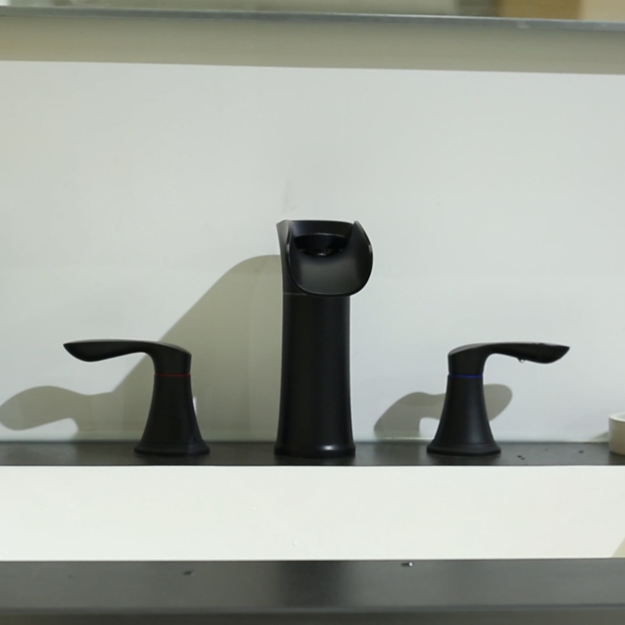 Sunrinx 8'' Widespread Bathroom Faucet 2-Handle Waterfall Sink Faucet 360° Swivel Spout Matte Black 3-Hole with Drain Assembly