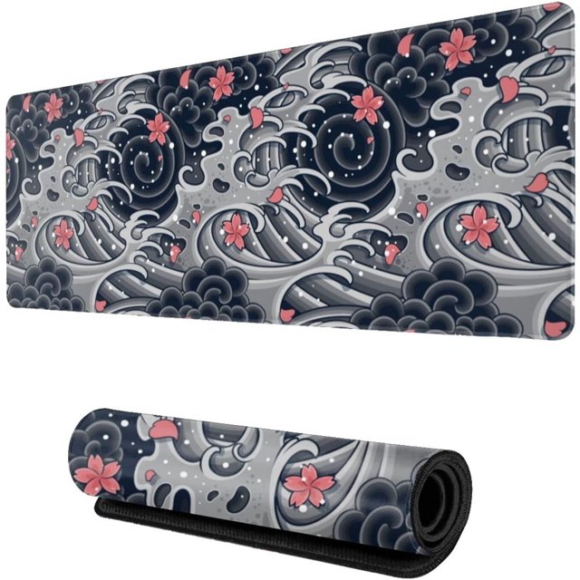 Japanese Wave with Sakura Gaming Mouse Pad XL, Extended Large Full Desk Mousepad 31.5 X 11.8 Inch, Big Mouse Pad with Stitched Edge, Non-Slip Long Computer Keyboard Mat for Office & Home by Caburywe
