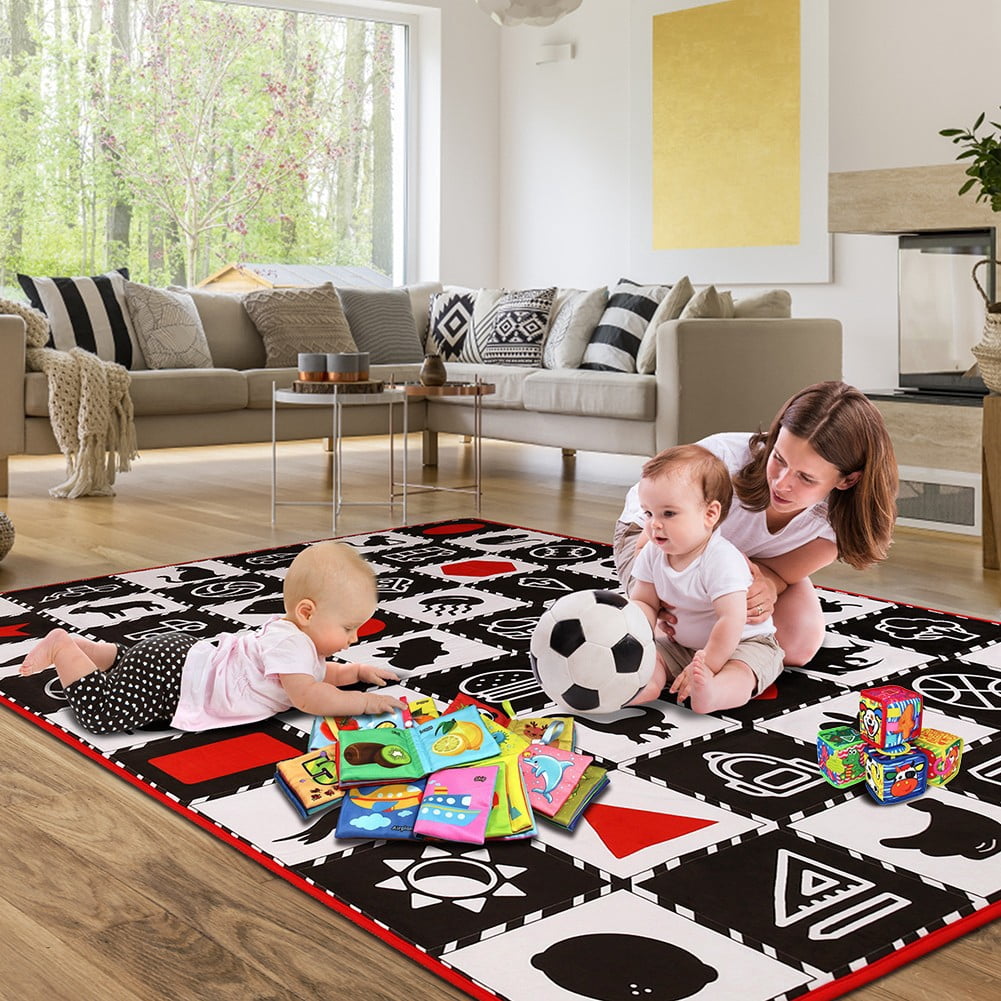 teytoy Baby Mat for Floor,Baby Tummy Time Mat- Black and White High Contrast Interactive Activities Mat,Baby Play Mats for Babies Newborn and Toddlers for Early Learning, Animal Fruits Shapes Vehicles