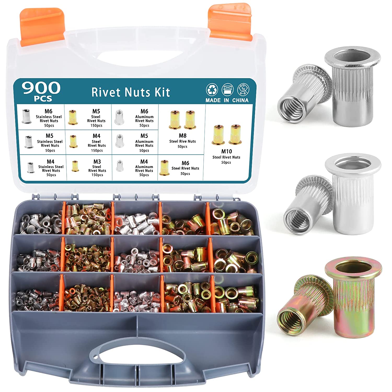 HSEAMALL 900PCS Rivet Nut Kit, M3 M4 M5 M6 M8 M10 Stainless Steel, Zinc Plated Steel and
