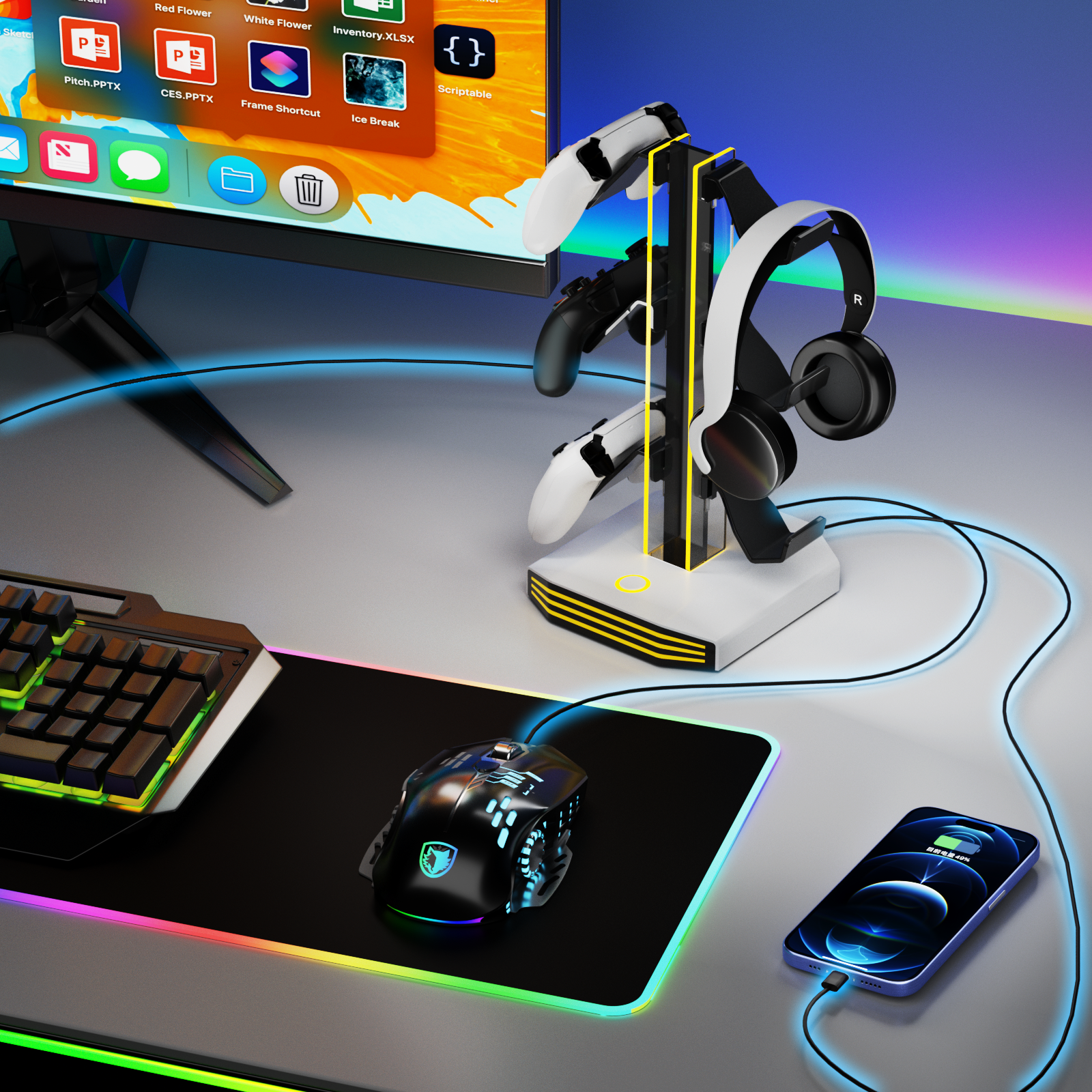 Universal Game Controller Holder, RGB Multi-Color Light Headphone Stand for PS5, Xbox, Switch Desk Organizer