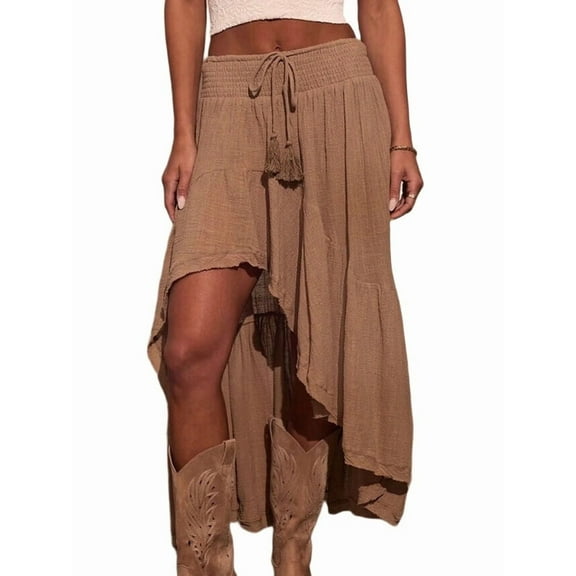 Women'S Western Bohemian Maxi Dress Summer Casual Asymmetrical High-Low Hem Country Denim Skirt Half Skirt Camel XL
