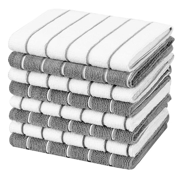 Juego de 8 paños de cocina de algodón, paños de cocina grises y blancos, paños de cocina, paños de limpieza reutilizables y absorbentes, 18.1 in x 25.6 in