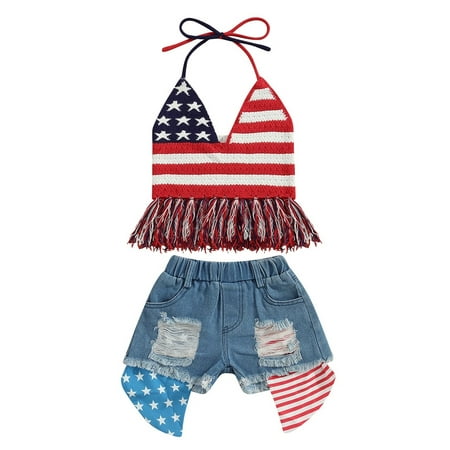 

Toddler Baby Girls 4th of July Outfit USA Hater Tassel Vest Top Ripped Jean Shorts Independence Day Clothes