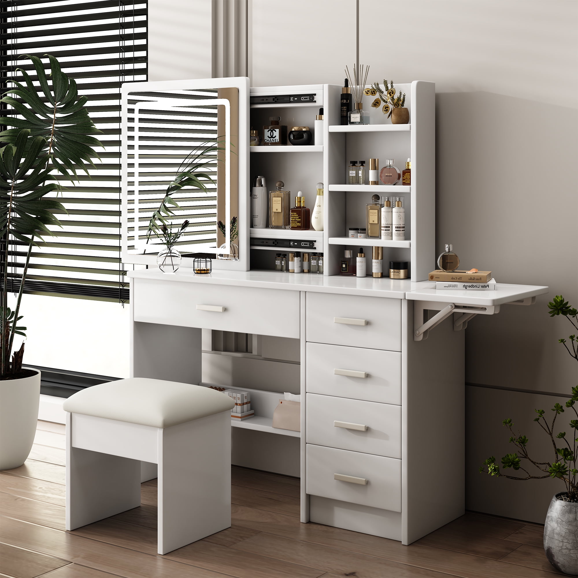 Mintazer Makeup Vanity Dressing Set with 5 Drawers & Extendable Side Shel and Stool, Lighted Vanity Desk with LED Mirror & Glass Door for Bedroom, White