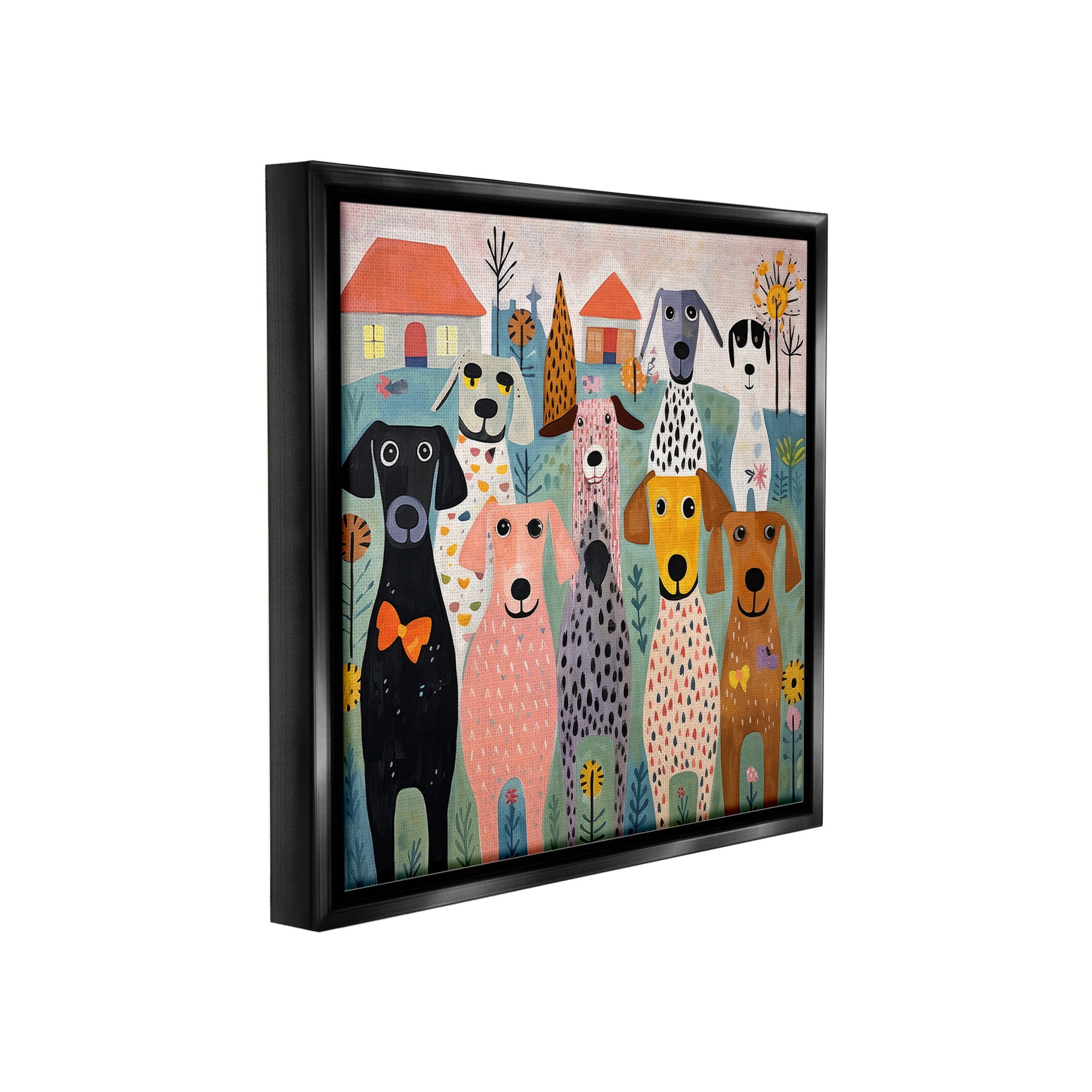 Stupell Industries Patterned Dogs & Flowers Animals & Insects Painting Black Floater Framed Canvas Art Print Wall Art, 18 x 18