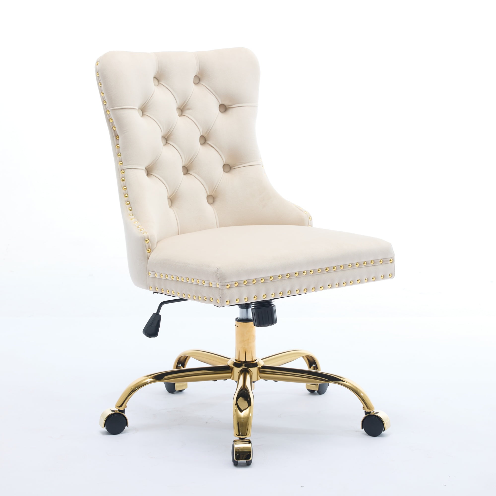 Furniture Office Chair, Modern Velvet Upholstered Tufted Button Home Office Chair with Golden Metal Base,Adjustable Desk Chair Swivel Office Chair (Beige)
