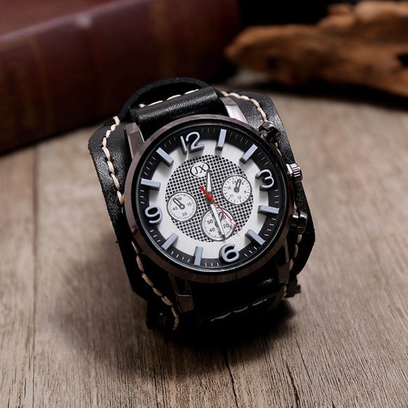 Babydream Punk Retro Watch Bracelet Leather Fashion Wide Leather Leather Strap Strap Vintage Black