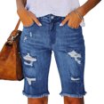 thumbnail image 3 of Pantalones cortos de verano de talle medio para mujer, pantalones cortos desgastados con cremallera y botones elásticos informales a la moda con bolsillos, 3 of 5