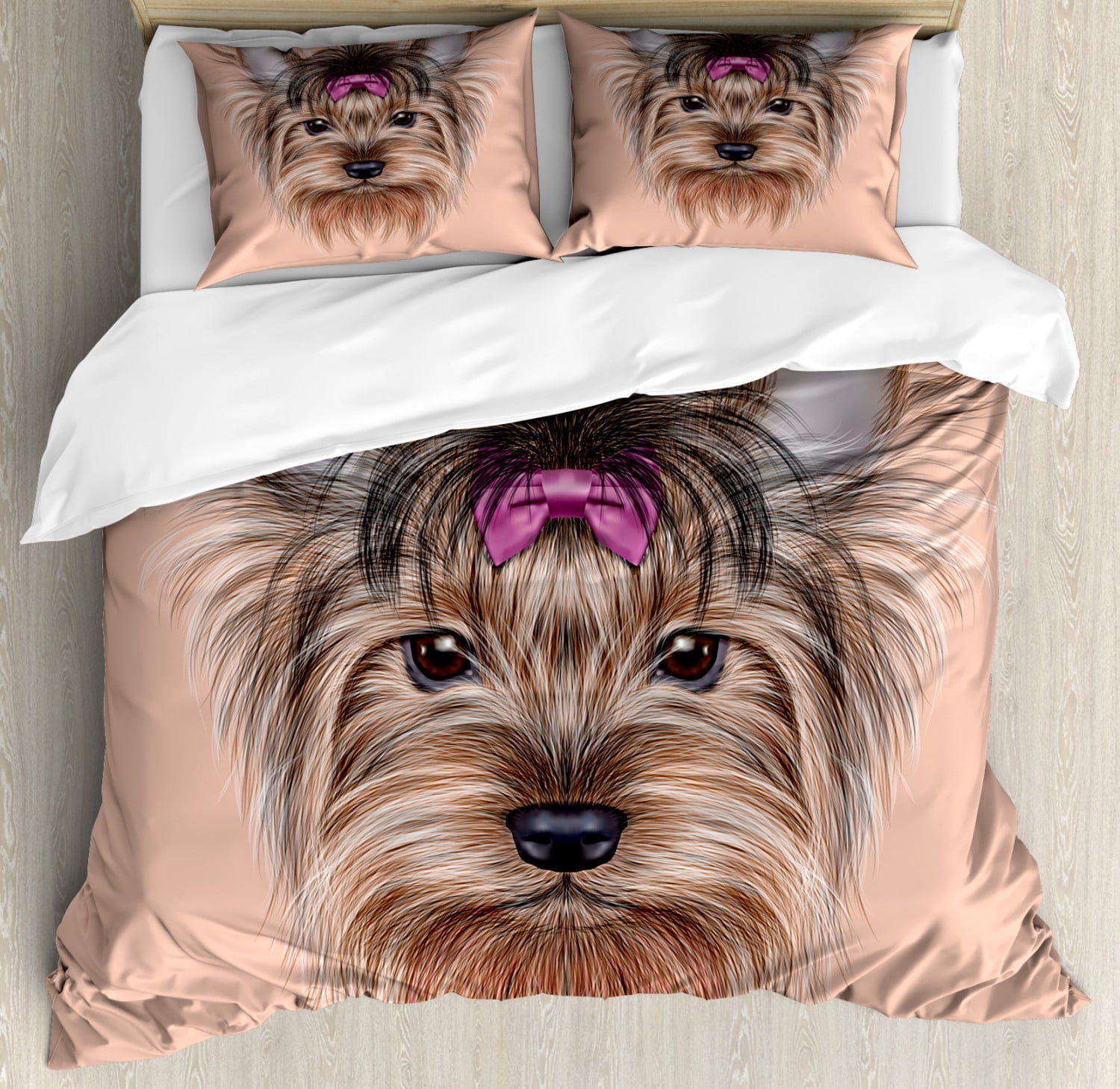Yorkie Duvet Cover Set King Size, Realistic Computer Drawn Image of