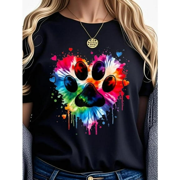 Paw Print Tee Cotton Graphic T-Shirt Colorful Heart Design Breathable Comfort Casual Top Black S-5XL