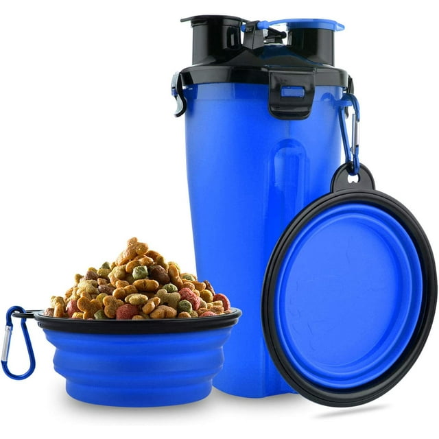 Botella de agua para perros con 2 cuencos plegables, botella portátil 2 en 1 para agua y comida para perros, gatos y mascotas, botella de viaje para paseos, ejercicio, senderismo y acampada (azul)