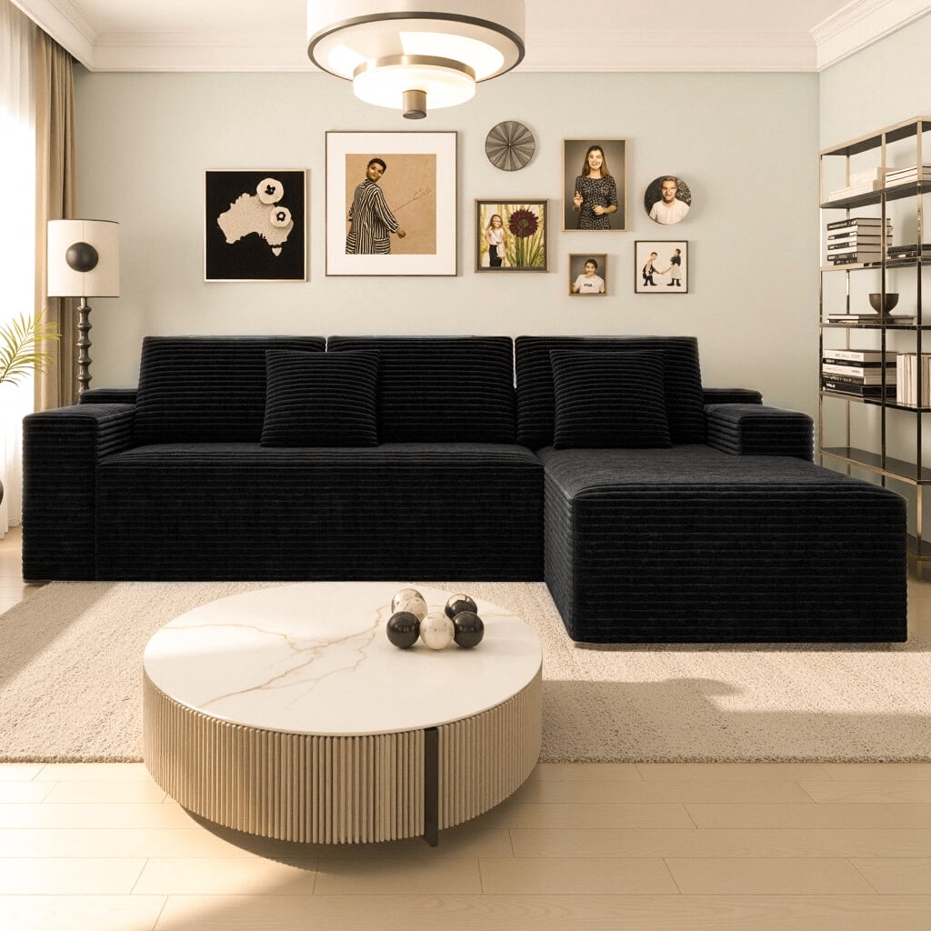 Aukfa 104" Modular Cloud Sectional Sofa with Right-Facing Chaise, Plush Corduroy Upholstered Deep Seat Couch, No Assembly Required for Living Room/Bedroom/Apartment, Black