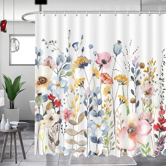 Spring Pink Flower Shower Curtain Watercolor Floral Plant Decoration Shower Curtains Rustic Nature Wildflower Blossom Shower Curtain for Bathroom Waterproof Fabric with 12 Hooks 60x72 Inches