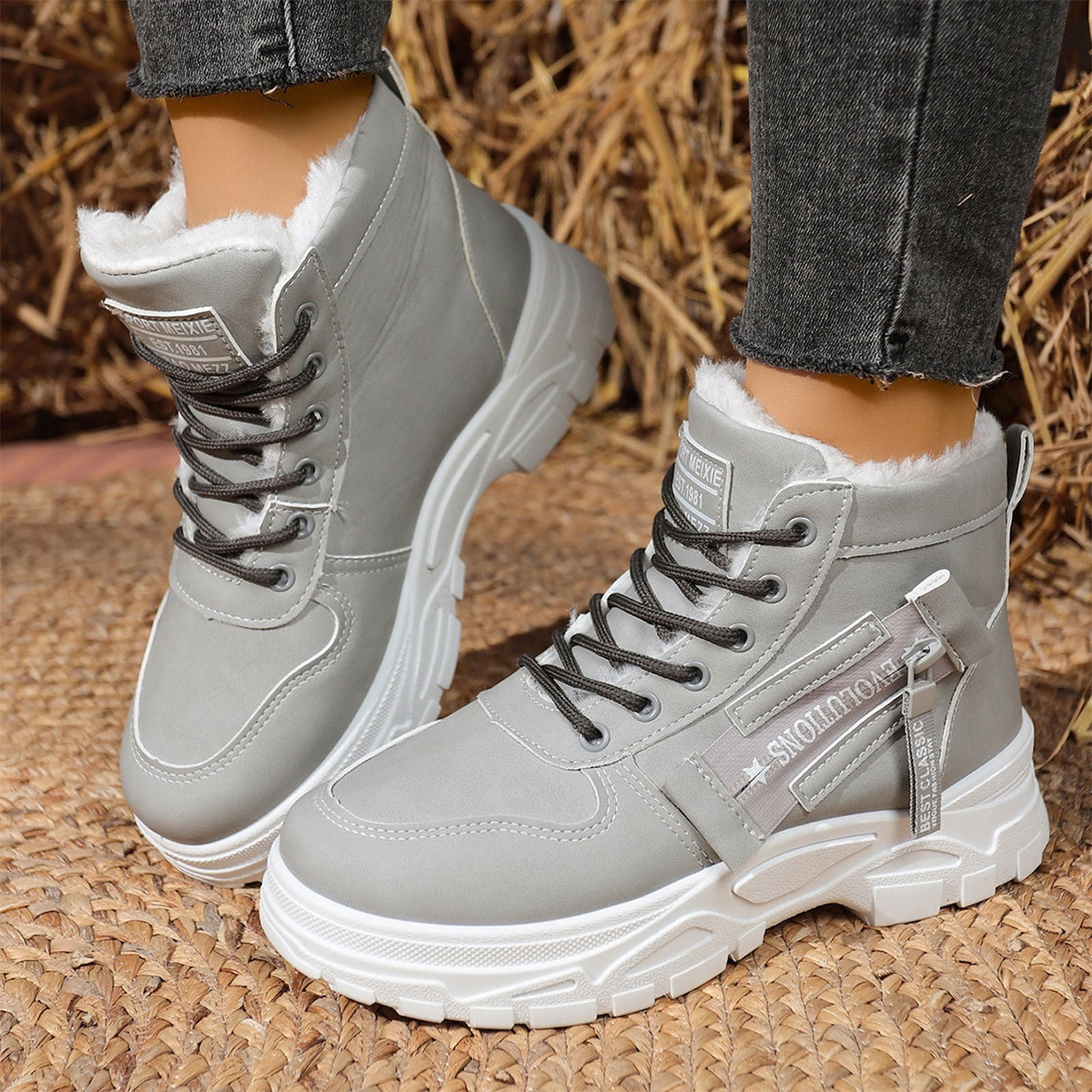 Miluxas Women's Fleece Lined Snow Boots, Thick Platform Winter Outdoor Shoes Hiking Warm Ankle Shoes Gray 6(37)
