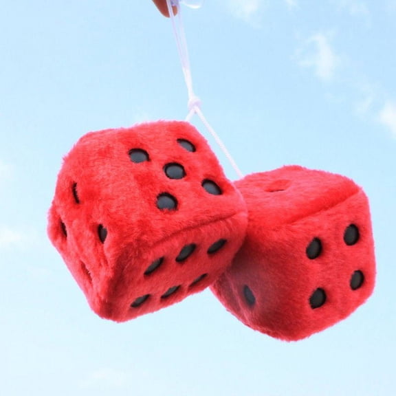1 Pair of Retro Square Mirror Hanging Couple Fuzzy Plush Dice with Dots For Car Interior Ornament Decoration red