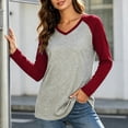 thumbnail image 4 of Women V Neck Raglan Color Block Long Sleeve T-Shirt Loose Relaxed Fit Contrast Sleeve Solid Spliced Casual Basic Top Fashion Versatile Layering Tee for Autumn Winter, 4 of 7