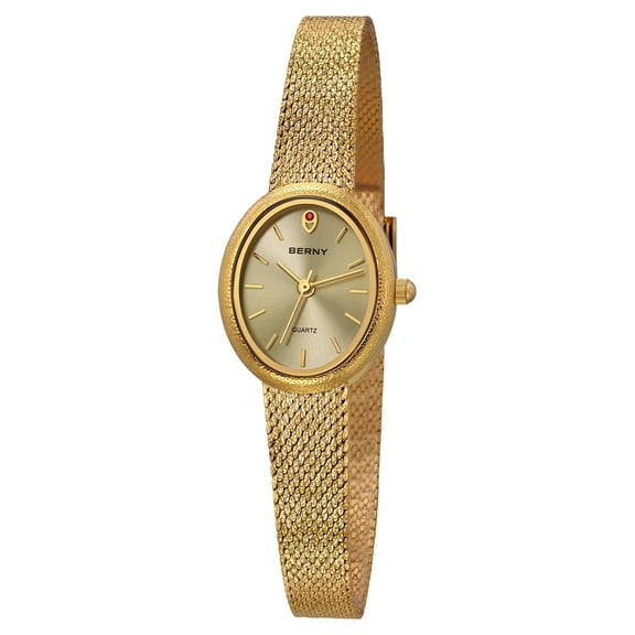 BERNY Small Gold Watches for Women, Dainty Luxury Oval Dial Stainless Steel Bracelet Watch, Waterproof Vintage Minimalist Ladies Analog Quartz Wrist Watch (Gold)