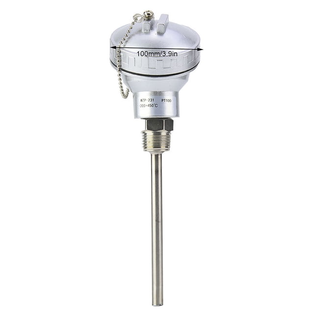 termopar de rosca npt de 1/2"cabezal de terminal rtd pt100 sonda de sensor de temperatura de acero inoxidable(100mm) Vista frontal de un RTD PT100 con cabezal terminal redondeado, vástago protector tubular de acero inoxidable de 100 mm, rosca PT1/2" hexagonal visible y tapa con cadena; indicado para montaje en conexiones roscadas y a menudo usado para monitoreo de temperatura en paneles y tuberías.