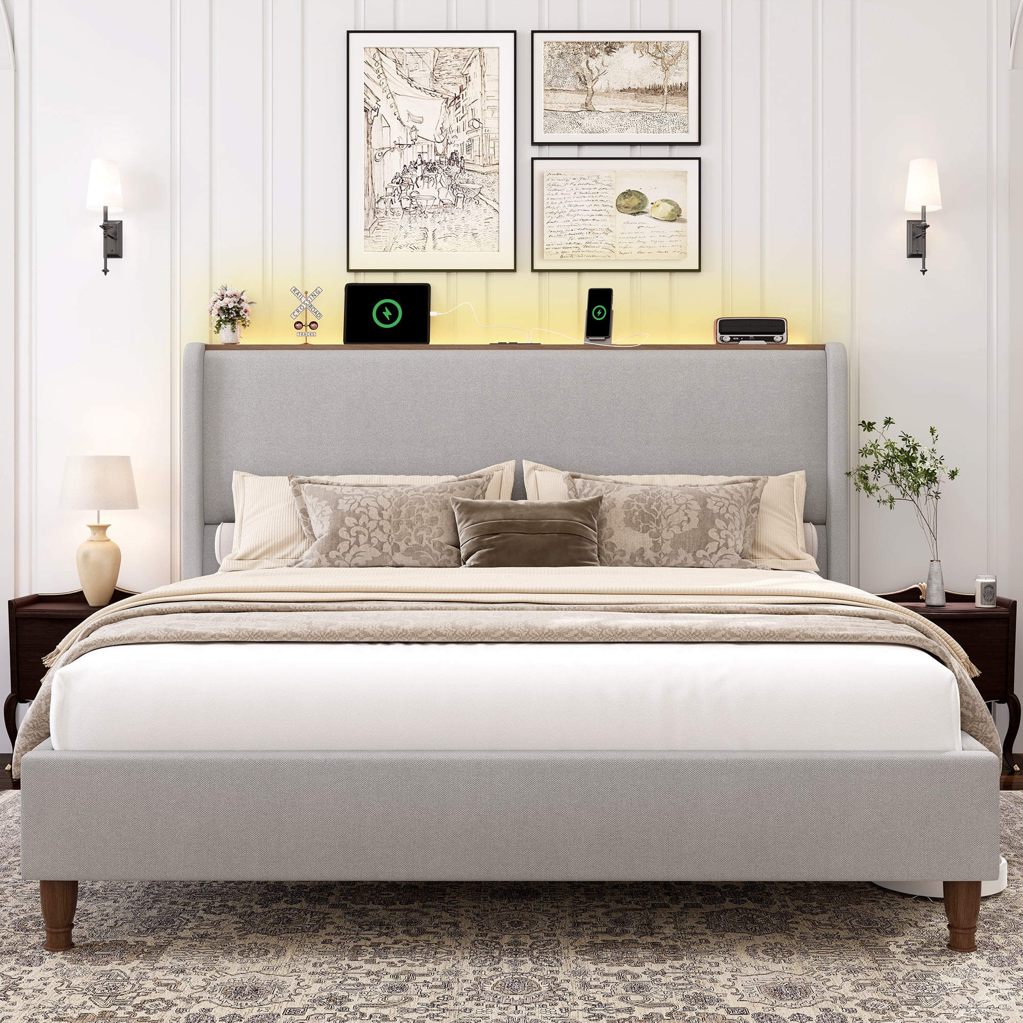 Breltam Upholstered Platform Bed with Wingback Headboard, Queen Size Bed with LED Lights and Charging Station, Light Gray