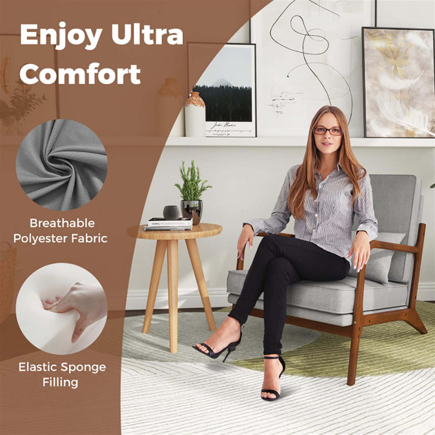 Demi Bonn Modern Accent Chair, Elegant Armchair with Rubber Wood Armrests and Removable Back, Suitable for Living Room Bedroom Reception Room Office, Gray