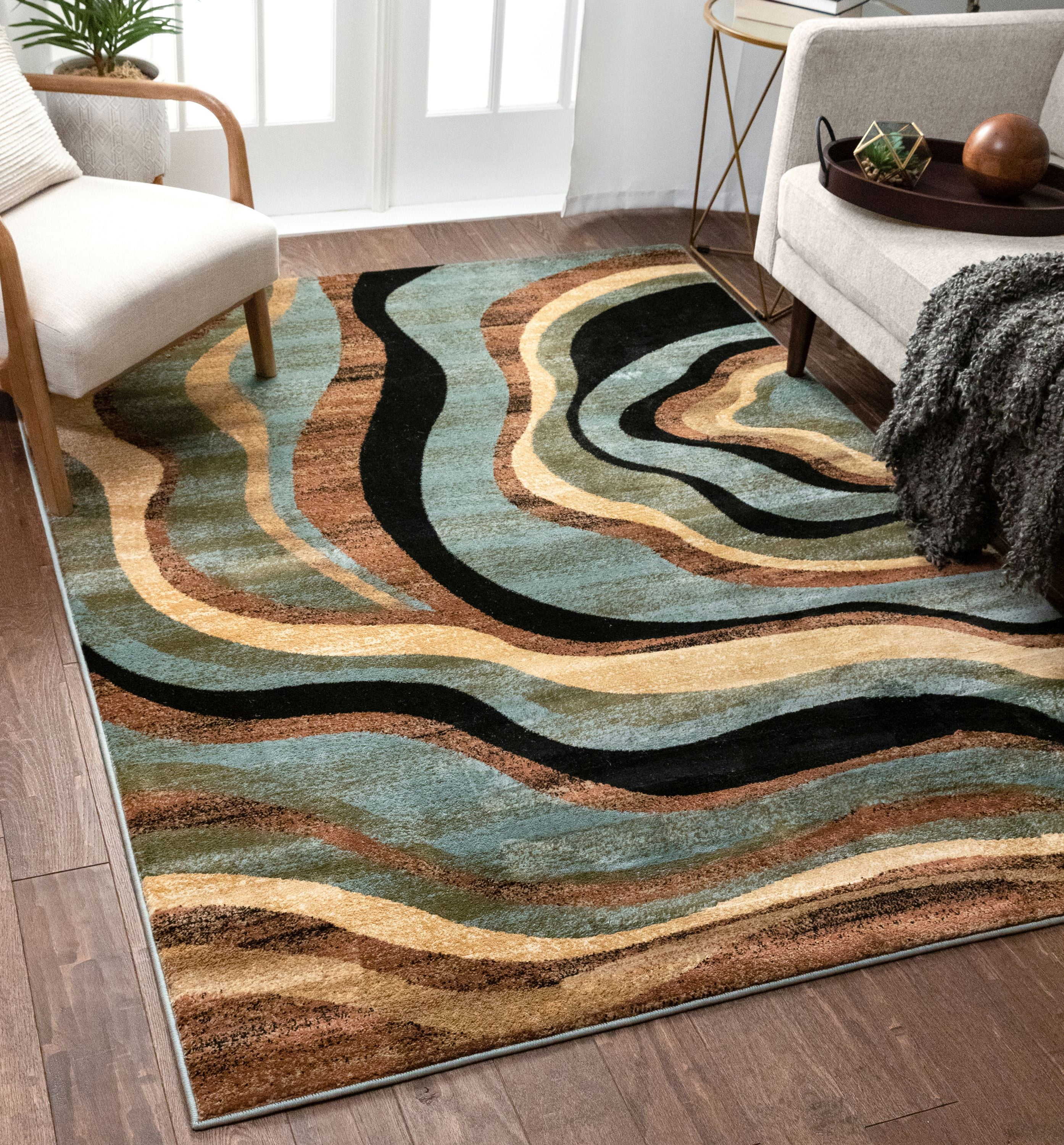 Hudson Waves Blue Brown Geometric Modern Casual Area Rug Easy to Clean