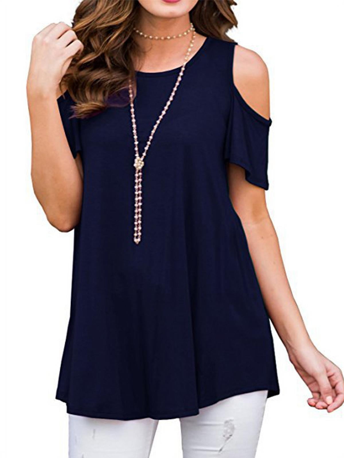 JustVH Women's Cold Shoulder Short Sleeve Casual Tunic Tops Loose ...