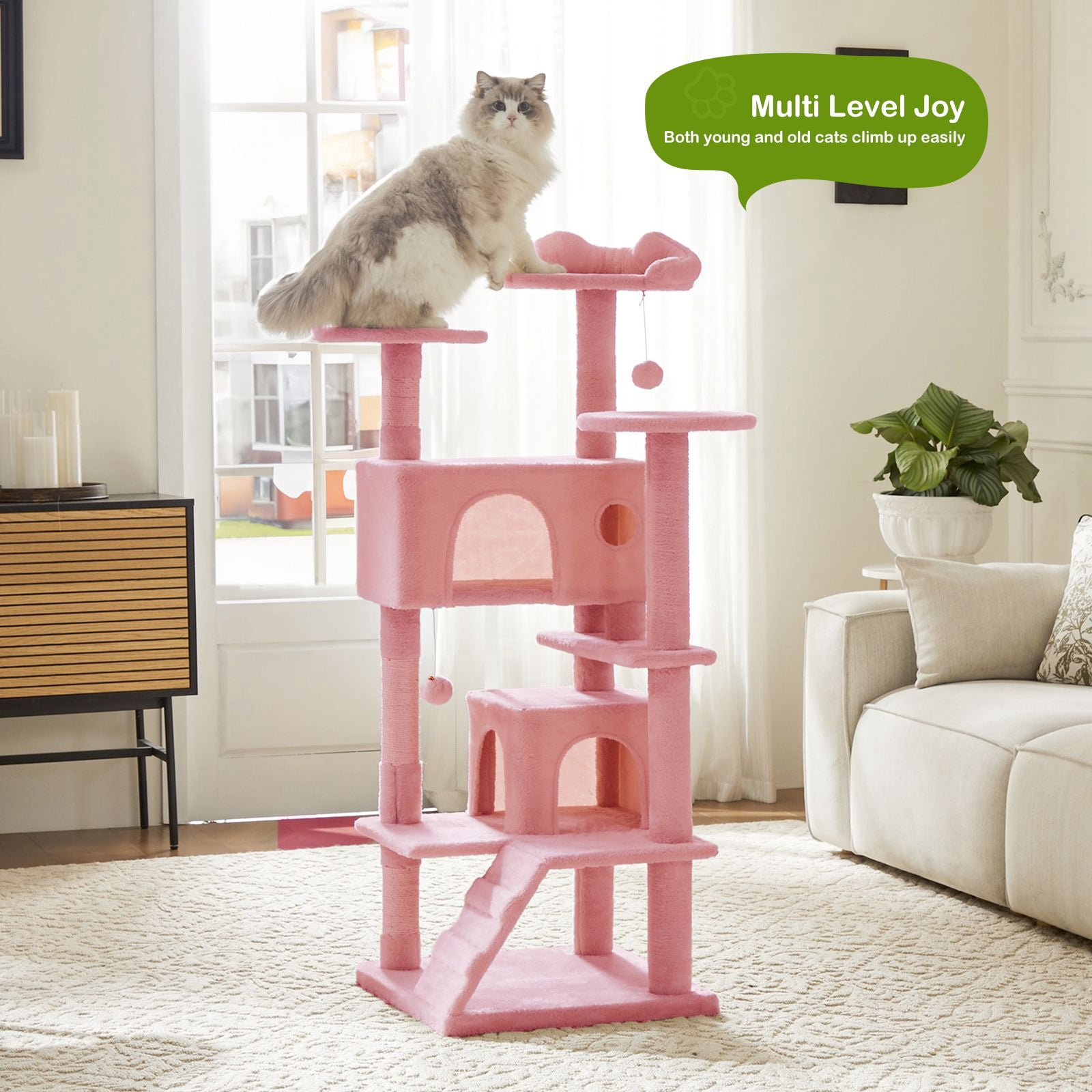 GIANNA 54" Indoor Cat Tree Tower with Multiple Levels, Sisal Scratching Post, Spacious Condo, Climbing Ramp, Kitten Toy, Pink