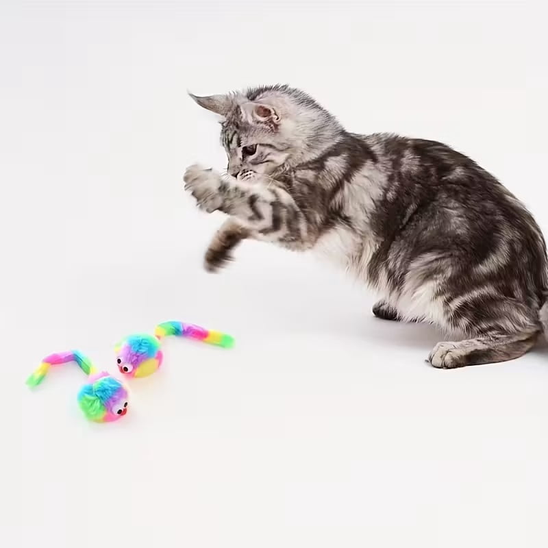1 Interactive Rainbow Rabbit Plush Mouse Toy with Sound - A chew-resistant and durable medium-sized cat toy, batteries not included