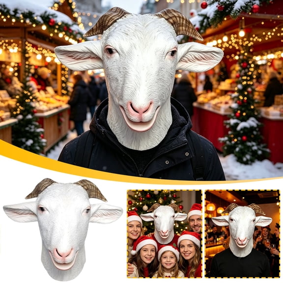 Realistic Goat Full Face Mask, 12 in Latex Animal Mask with Eyes and Antlers for Costume and Party Styling, for Halloween Christmas Carnival Costume Parties Photo Props and Themed Events, White